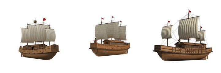 Han Dynasty warship isolated on white background, ancient Chinese naval vessel, military river ship, early Asian combat boat, historical Han naval fleet, Chinese war fleet, river battle vessel, ancien © Zakir