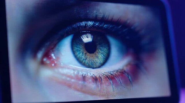Extreme close up of a human eye opening and blinking on a pixelated screen