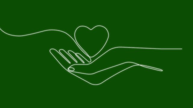 Hands hold heart continuous one line drawing animation video. Charity donation linear concept animation, Animated self drawing of continuous line draw of hands holding heart. Concept of love relations