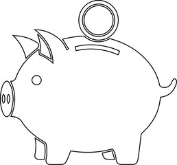 Vector Black piggy bank silhouette icon with falling coin for savings concept , Minimalist money box symbol in outline style