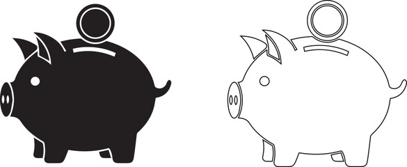 Vector Black piggy bank silhouette icon with falling coin for savings concept , Minimalist money box symbol in outline style