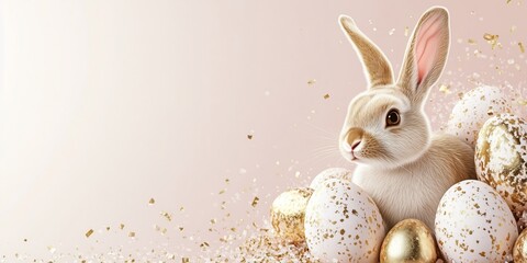 Obraz premium Elegant Easter rabbit surrounded by gold speckled eggs on white background, ideal premium greeting card and promo
