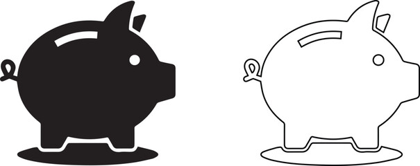 Vector Black piggy bank silhouette icon with falling coin for savings concept , Minimalist money box symbol in outline style