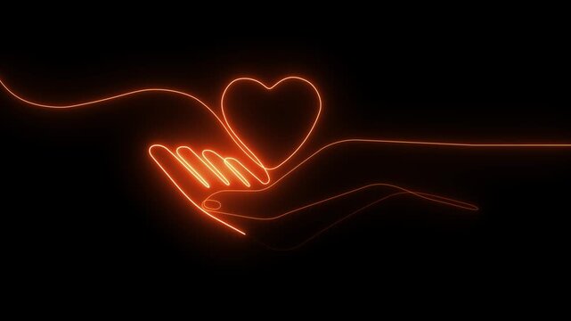 neon Hands hold heart continuous one line drawing animation video. Charity donation linear concept animation,. Concept of love relations.4l
k