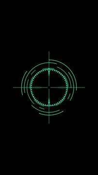 Futuristic Green Digital Crosshair Targeting System H U D Interface Element with Red Dot Aim Point on Black Background for Sci Fi Gaming Military Action or Technology Concepts
