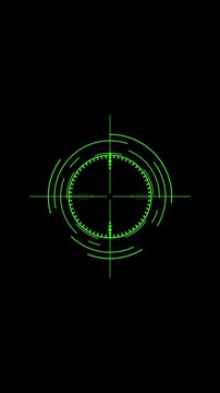 Futuristic Green Digital Crosshair Targeting System H U D Interface Element with Red Dot Aim Point on Black Background for Sci Fi Gaming Military Action or Technology Concepts