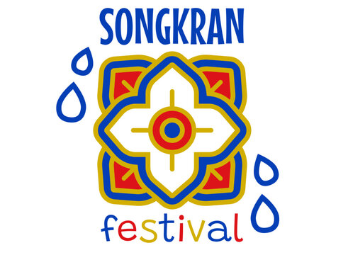 Vector flat logo for Songkran festival in Thailand with water drops and traditional Thai ornament. Songkran water festival logo.