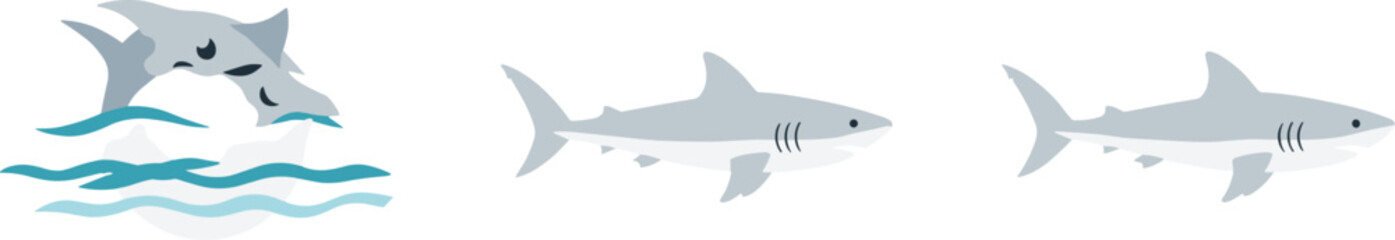 Fototapeta premium Three stylized sharks swimming in the ocean, one breaching the water
