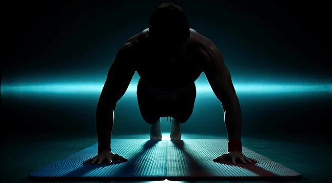 Muscular man performing push-ups in a dimly lit gym with dramatic lighting.
