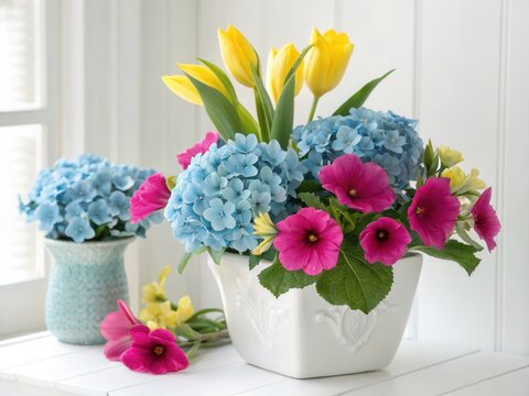 A vibrant floral arrangement of blue hydrangeas, sunshine yellow tulips, and pink flowers in a decorative vase