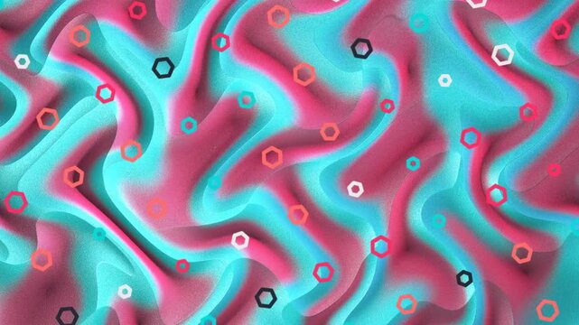 Wavy Turquoise Pink Glitter Abstract Background with Small Hexagons