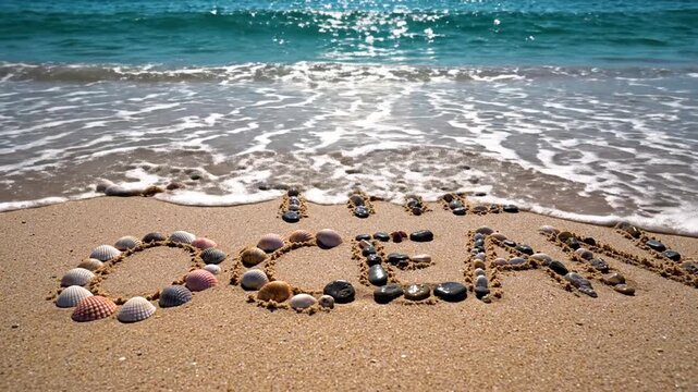 Save The Ocean message on sandy beach with gentle waves