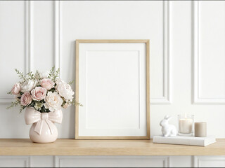 blank frame mockup on floral wallpaper background with purple flowers and bunny decor