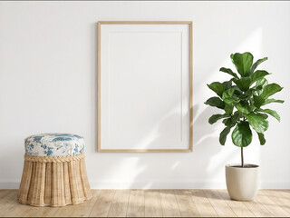 poster frame mockup in minimalist room with indoor plant and natural light
