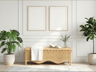 blank wall frame mockup set in modern neutral living room with indoor plants