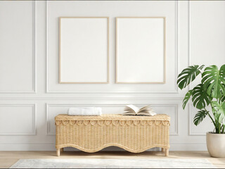 frame mockup in minimalist neutral interior with rattan bench and tropical plant