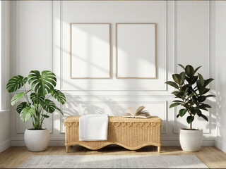 frame mockup, living room in bright minimalist interior with rattan bench and tropical plants