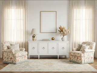 frame mockup in cozy traditional interior with beige curtains and white cabinet
