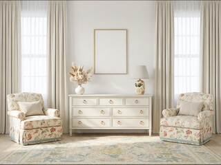 frame mockup, living room home interior with floral accents