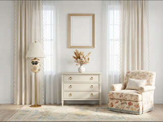 poster frame mockup in symmetrical classic living room with armchairs