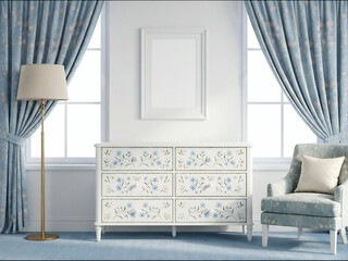 blank frame mockup in elegant classic living room interior with blue curtains and white dresser