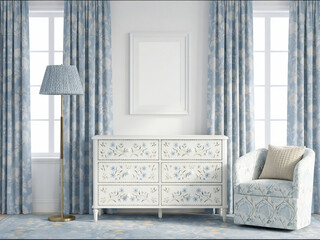 blank frame mockup in elegant blue classic living room with white dresser and armchair