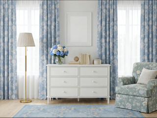 blank frame mockup in elegant blue classic living room interior with white dresser and floral curtains