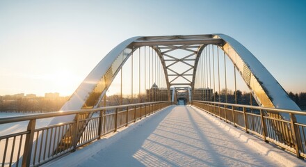 Obraz premium Modern bridge spanning over snowy path, illuminated by sunlight. Represents themes of winter, architectural beauty, and urban connectivity. Useful for projects related to travel, architecture,