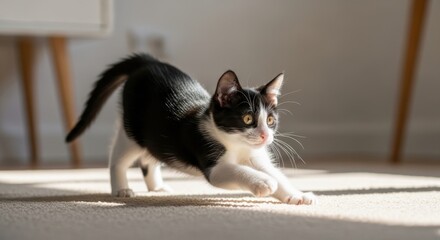 Young black and white kitten in a playful stretch, bathed in warm sunlight indoors