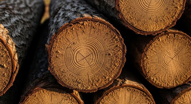 Stack of cut tree trunks showing ring patterns, rough bark