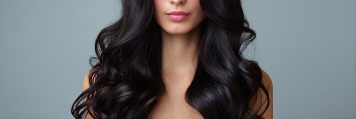Naklejka premium Young adult female with long wavy hair and pink lipstick