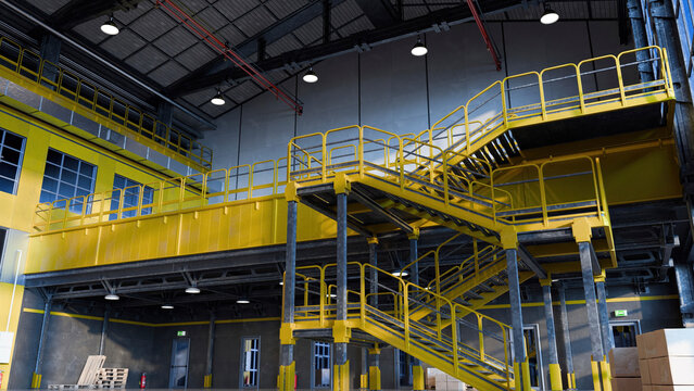 Industrial mezzanine staircase structure inside modern warehouse facility.