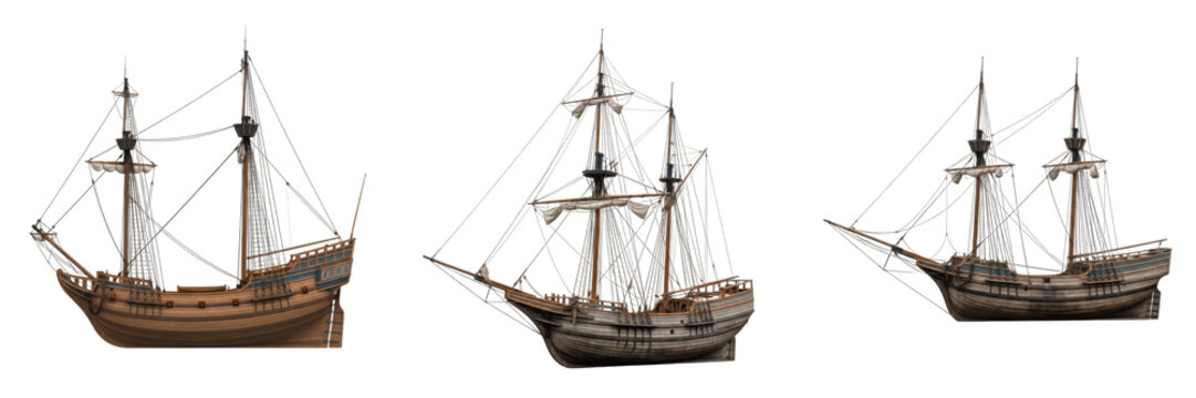 Early modern Dutch fluyt isolated on white background, 17th-century trading vessel, historical Dutch cargo ship, wooden fluyt, European merchant fleet ship, oceanic trade vessel, maritime commerce