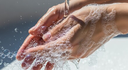 Fototapeta premium Hands washing with soap under running water, concept of hygiene and cleanliness, ideal for health and wellness topics.