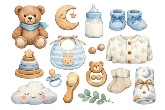 PNG watercolor baby shower set with cute bear toy, clothes, bottle, pacifier, nursery elements isolated on transparent background. newborn essentials, infant care, nursery decor clip art collection