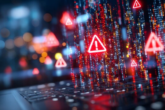 Cybersecurity Breach Alert with Binary Streams and Warning Icons Displayed
