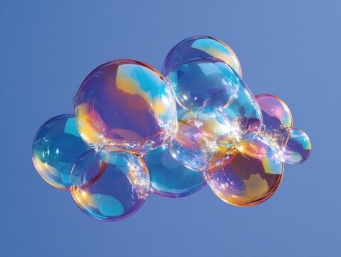iridescent bubble cluster isolated on a blue background