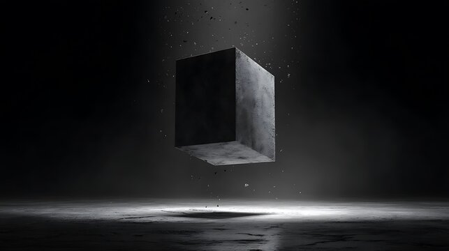 a floating stone monolith suspended in dark space, subtle light from below, dust particles drifting, surreal calm atmosphere, minimalist fine art composition, 