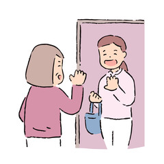 手描きの自宅訪問する介護士と高齢者