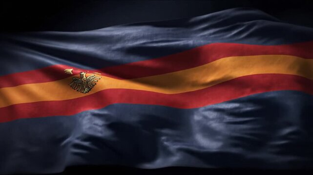 A flag with a crest design, red and gold bands, and navy base. Simulated texture, dark background
