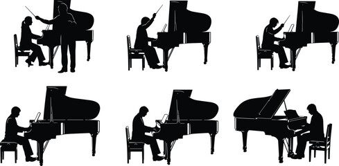 Pianist silhouettes collection isolated on white background, grand piano players and conductor in classical music performance poses © Santo's World