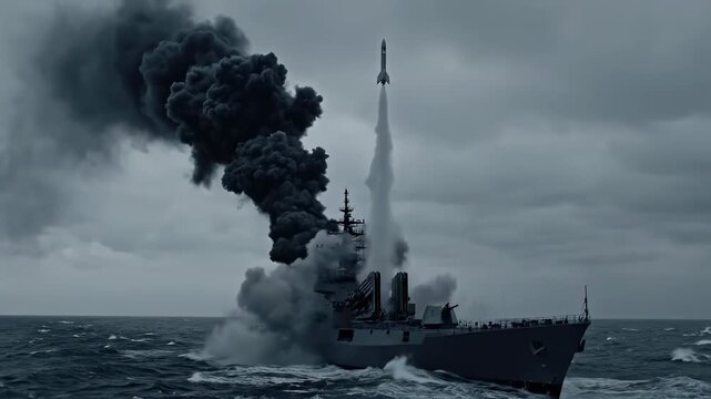 Powerful missile launch from a naval warship amidst stormy seas, perfect for military technology and defense industry showcases.