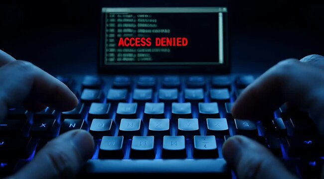 Hands typing on keyboard with 'ACCESS DENIED' message on computer screen