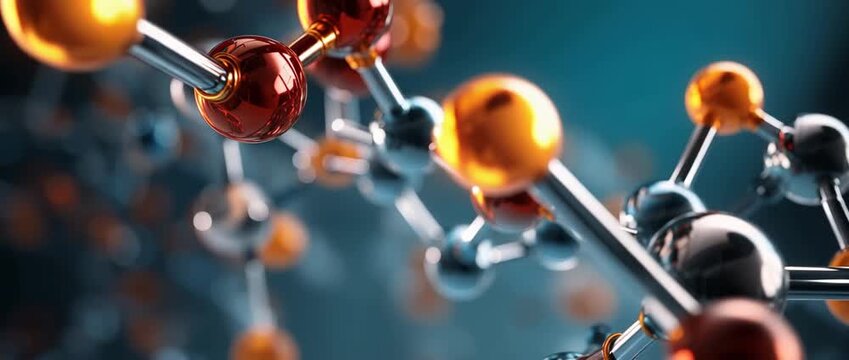 Abstract 3D animation of complex protein molecule structure rotating in panoramic view representing medical research and chemistry science