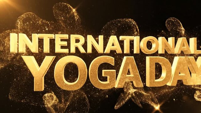 International Yoga Day golden text with particles on dark background