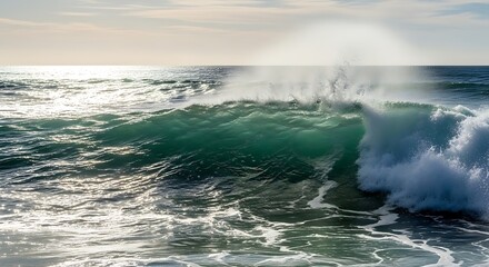 Naklejka premium Powerful ocean wave crashing with spray and sunlight reflection.