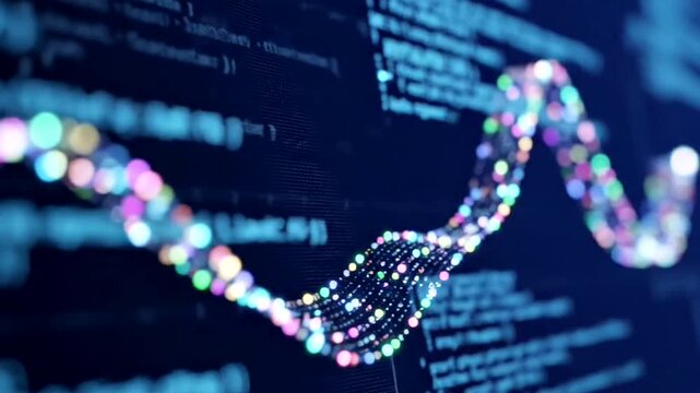 DNA double helix structure with code on computer screen.