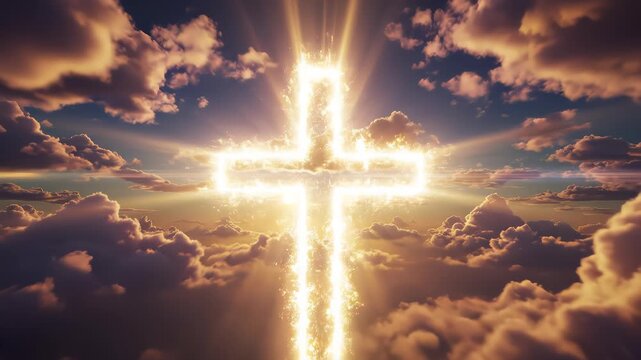 Christian cross appears bright in the sky background