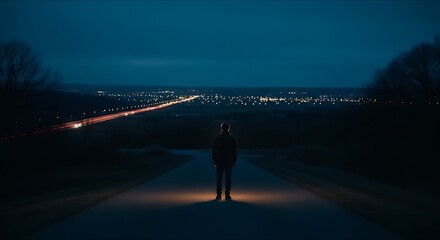 Fototapeta premium Solitary figure standing on a dark road at night with city lights in the distance.