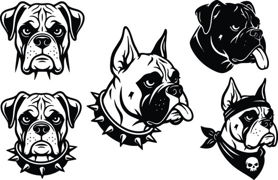 Tattoo flash boxer dog head set with spiked collar bandana snarling tongue close up bold black and white vector logo